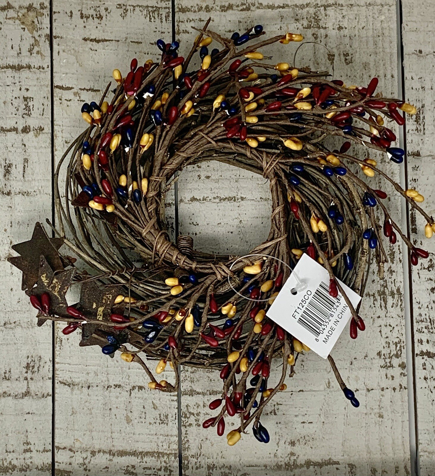 Colonial Red Blue Yellow Pip Berry & Star Twig Wreath 8”- Primitive Farmhouse
