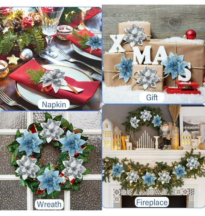 glitter poinsettia blue/green silvery white 30pcs