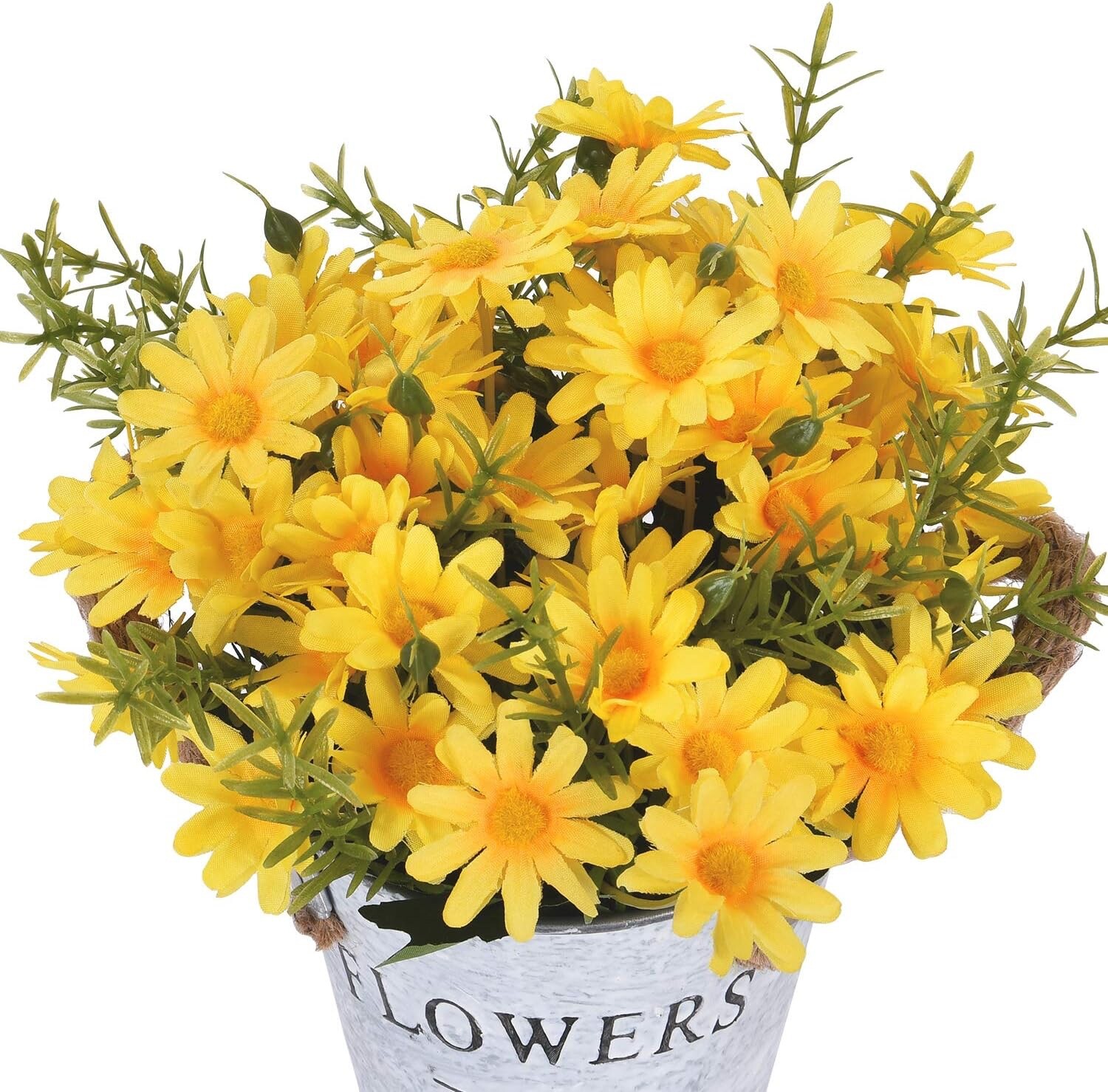 Floral Arrangement Bouquet Yellow Daisy Metal Pot Artificial Flowers Home Decor
