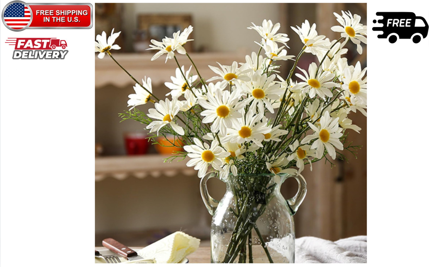 Artificial Flowers 8 Bundles 20” White Artificial Daisy Flowers | UV Resistant