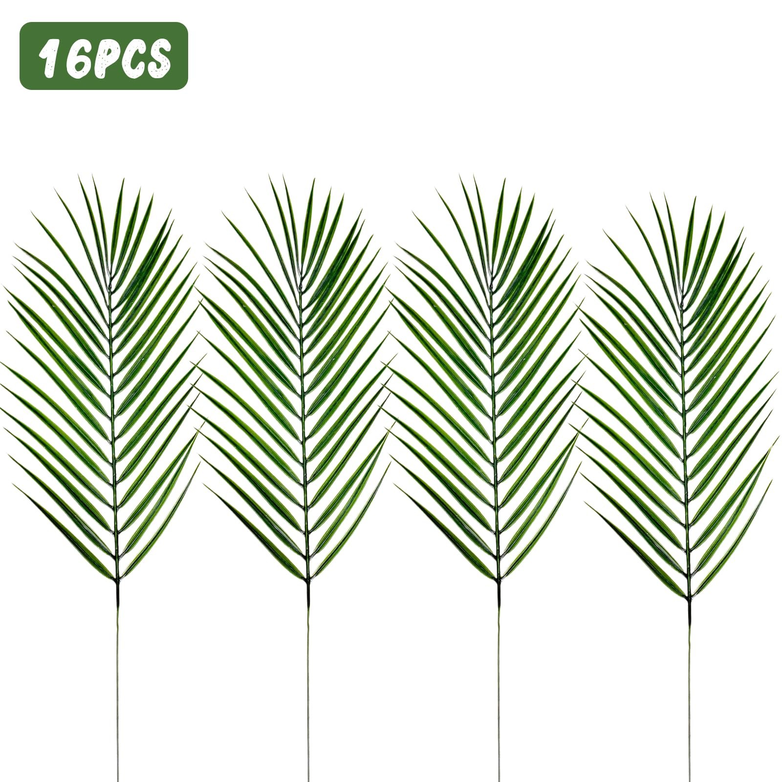 16 PCS Artificial Green Palm Leaves 17.7 Inch Faux Tropical Realistic Fern
