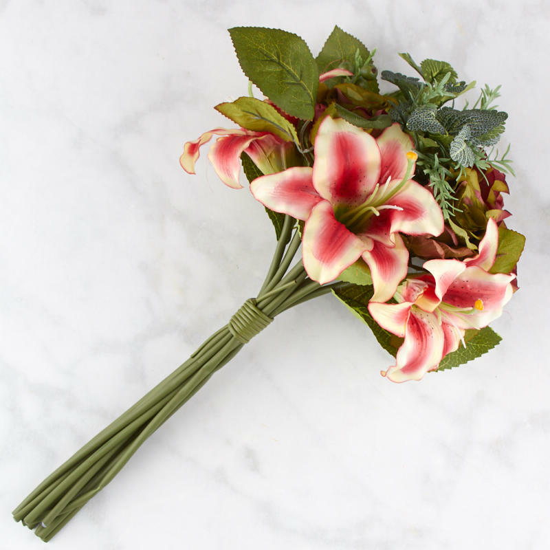 Poly Silk Mixed Rose, Hydrangea, Lily Bundle in Hues of Burgundy and Green