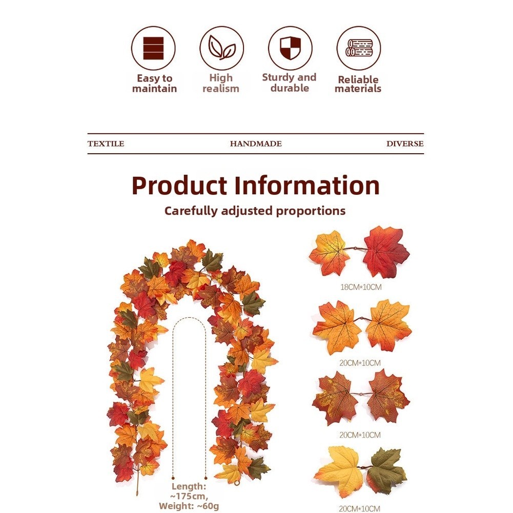 Silk Fabric Maple Leaf Vine with Detailed Veins for Autumn Interior Design