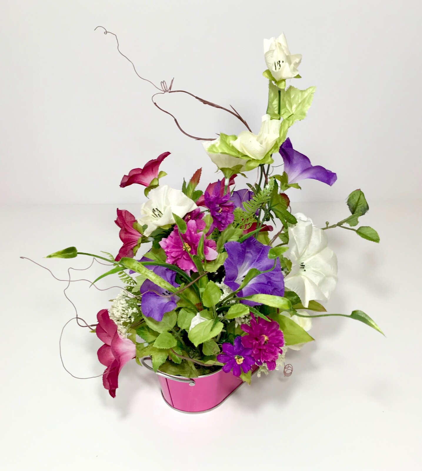 SMALL VARIETY FLORAL ARRANGEMENT NEON PINK METAL TUB SUMMER FLOWERS CENTERPIECE