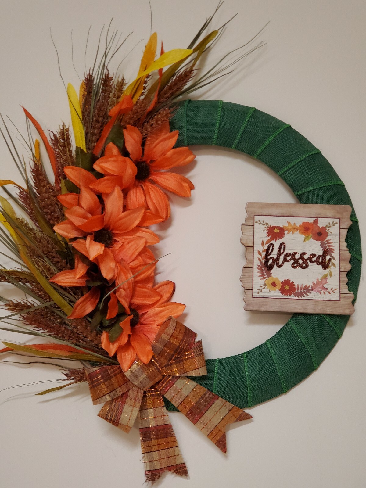 BLESSED wreath Asters Wheat orange Green burlap mesh FALL AUTUMN Decor Door 15″