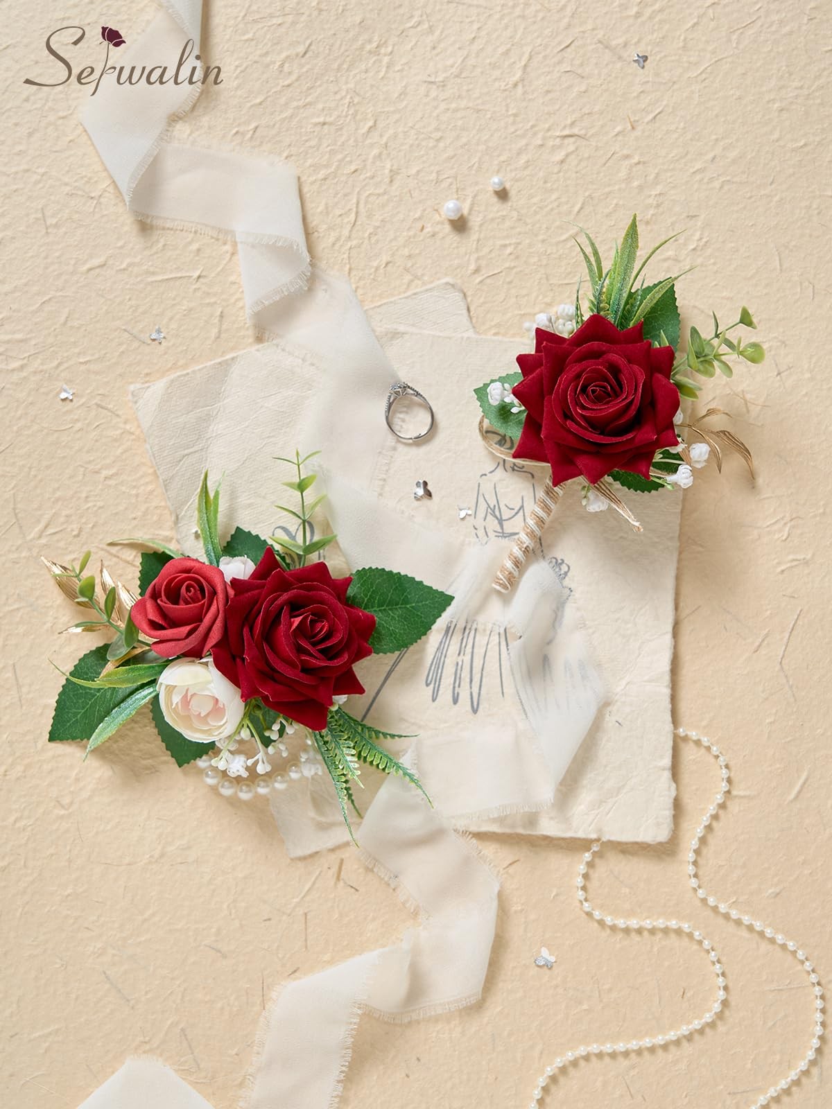 Red Rose Corsage Boutonniere Set For Men Wrist Wristlet Prom Homecoming