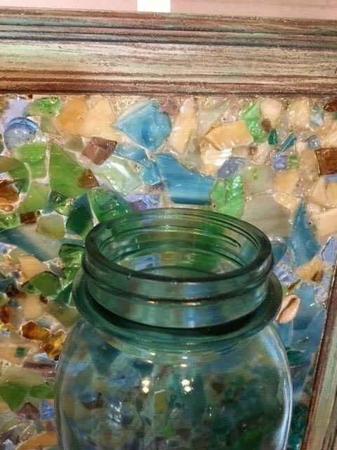 SHABBY CHIC FRAMED GLASS MOSAIC W/MASON JAR ATTACHD TO HOLD FRESH FLOWERS