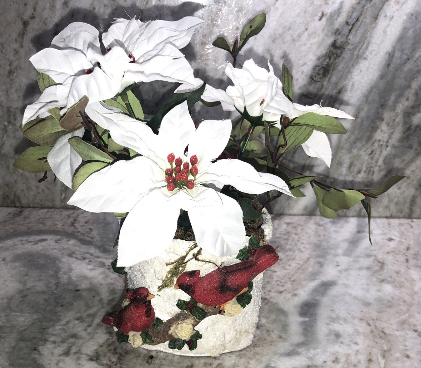 Christmas Cardinal Flower Pot Filled With 9”H x 10”W Artificial Flowers-NEW