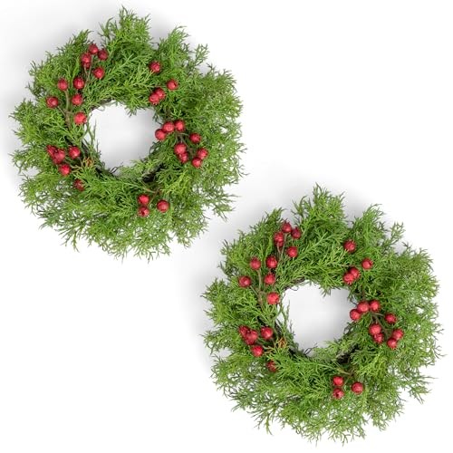 2 Pcs Christmas Candle Rings Wreaths, 10 Inch Candle Wreath Green-pine&berry