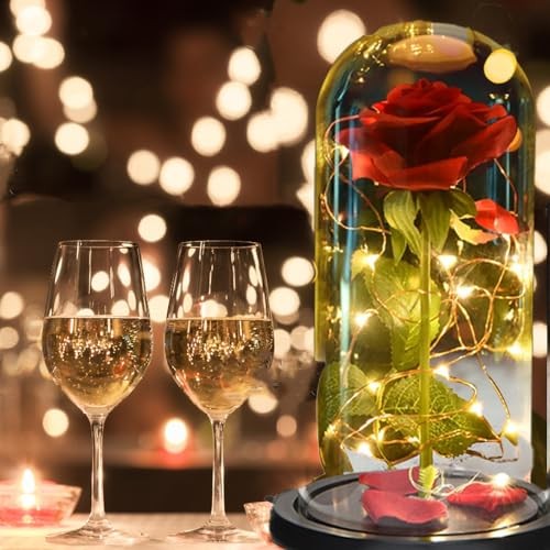 Beauty and The Beast Rose in Glass Dome, Preserved Rose Enchanted Silk Rose Red