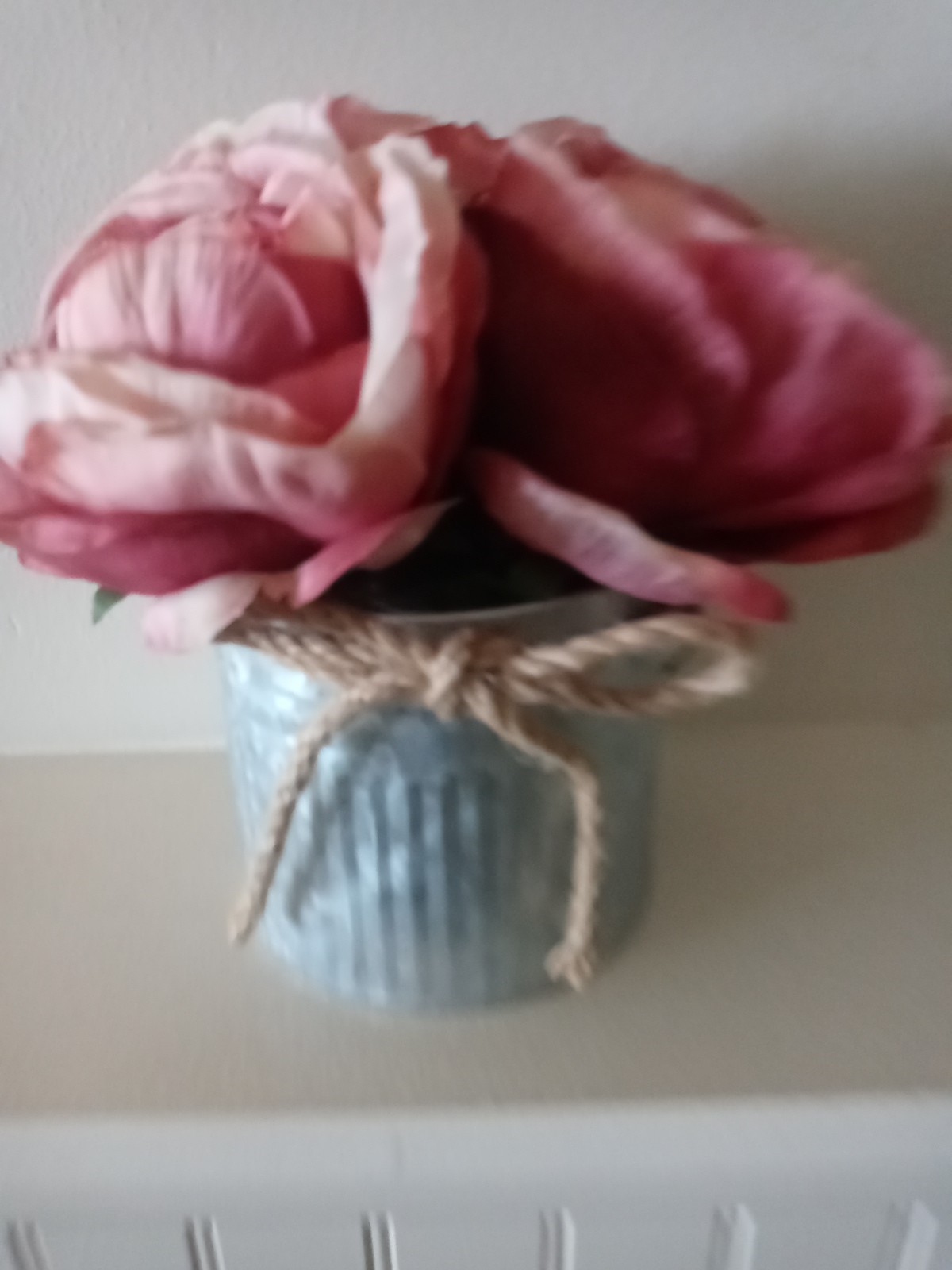 Pink Peony Faux Silk Flower Arrangement Bouquet I Galvinized Steel Pot Decor