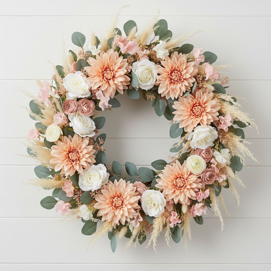 Peach Dahlia Stem Faux Flower 24 Inch 5 Inch Bloom Soft Peach Artificial Dahlia