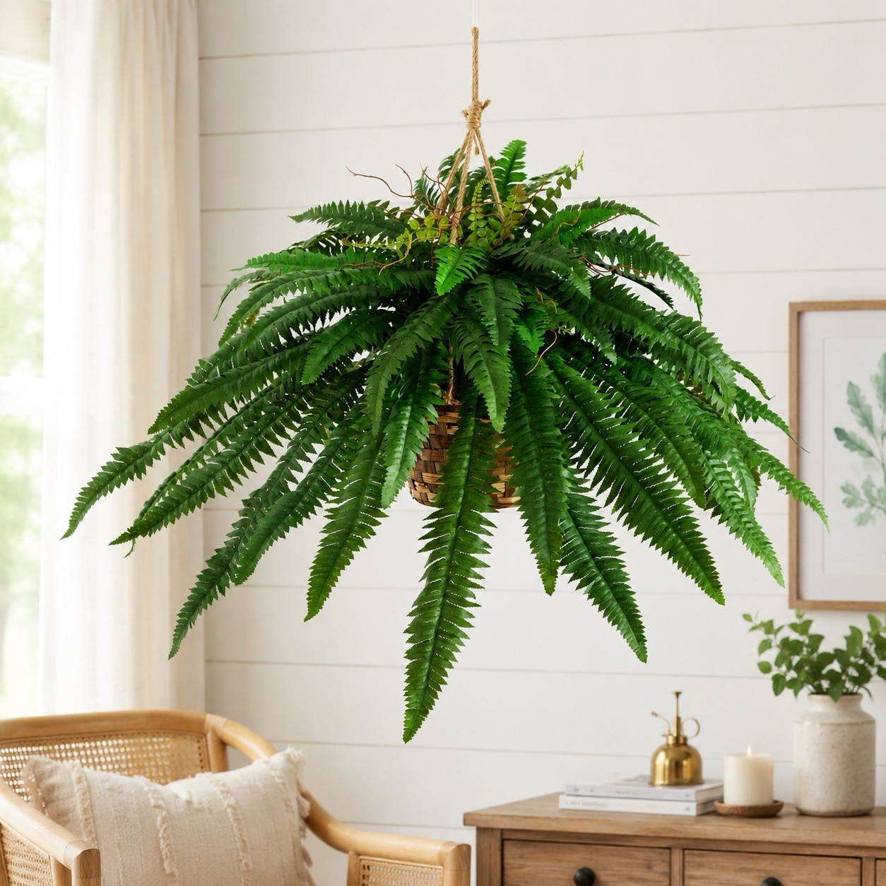 32” Artificial Large Boston Fern Plant In Hanging Basket Home Decor. Retail $99
