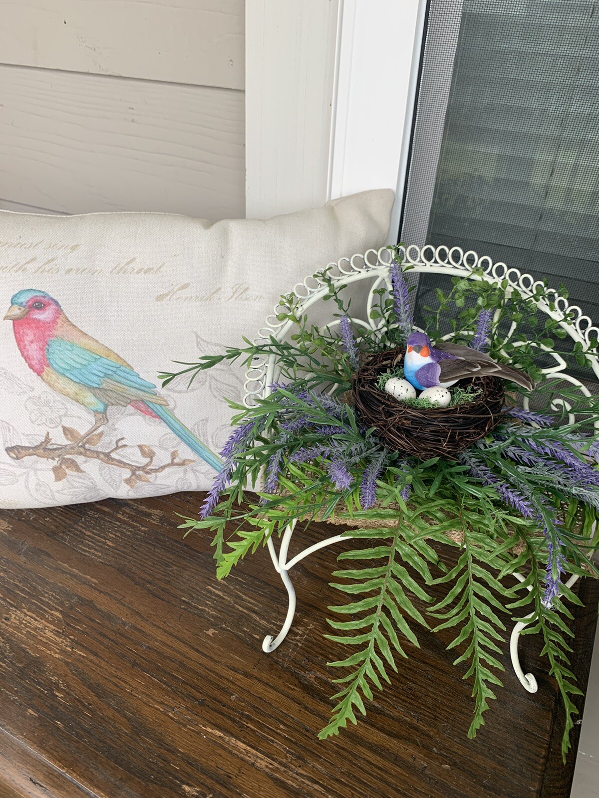 Metal Bench floral Bird Nest Arrangement 14×10 Handmade