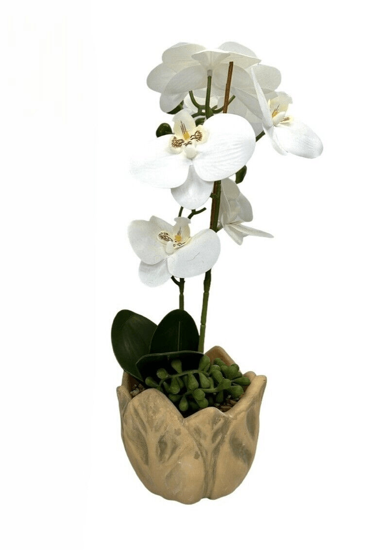 New Faux White 15 Inch Orchid In Ceramic Pot With Artificial Greenery
