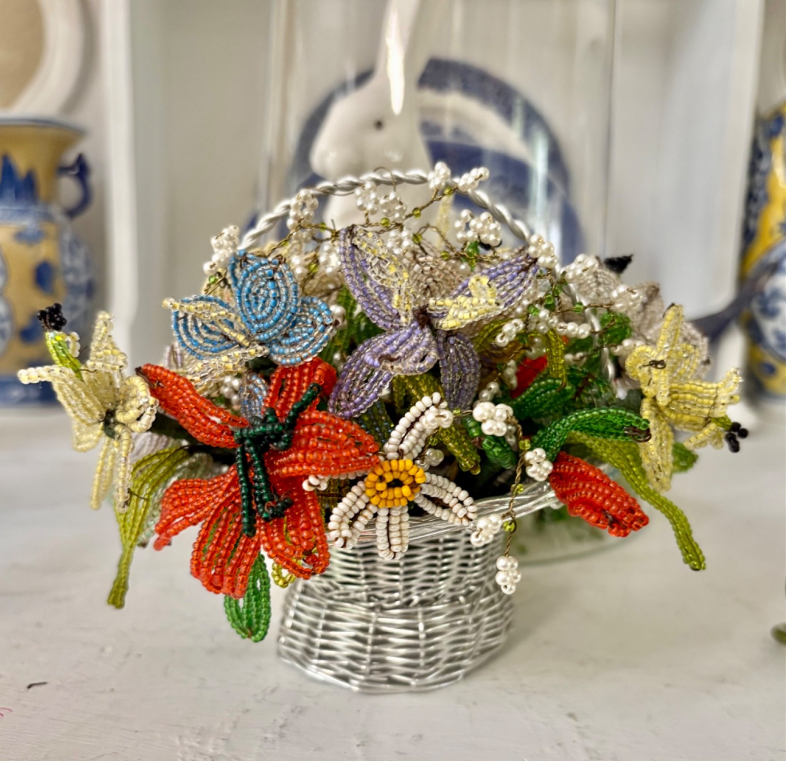 Vintage French Glass Beaded Flowers Bouquet handmade Silver plated wire basket