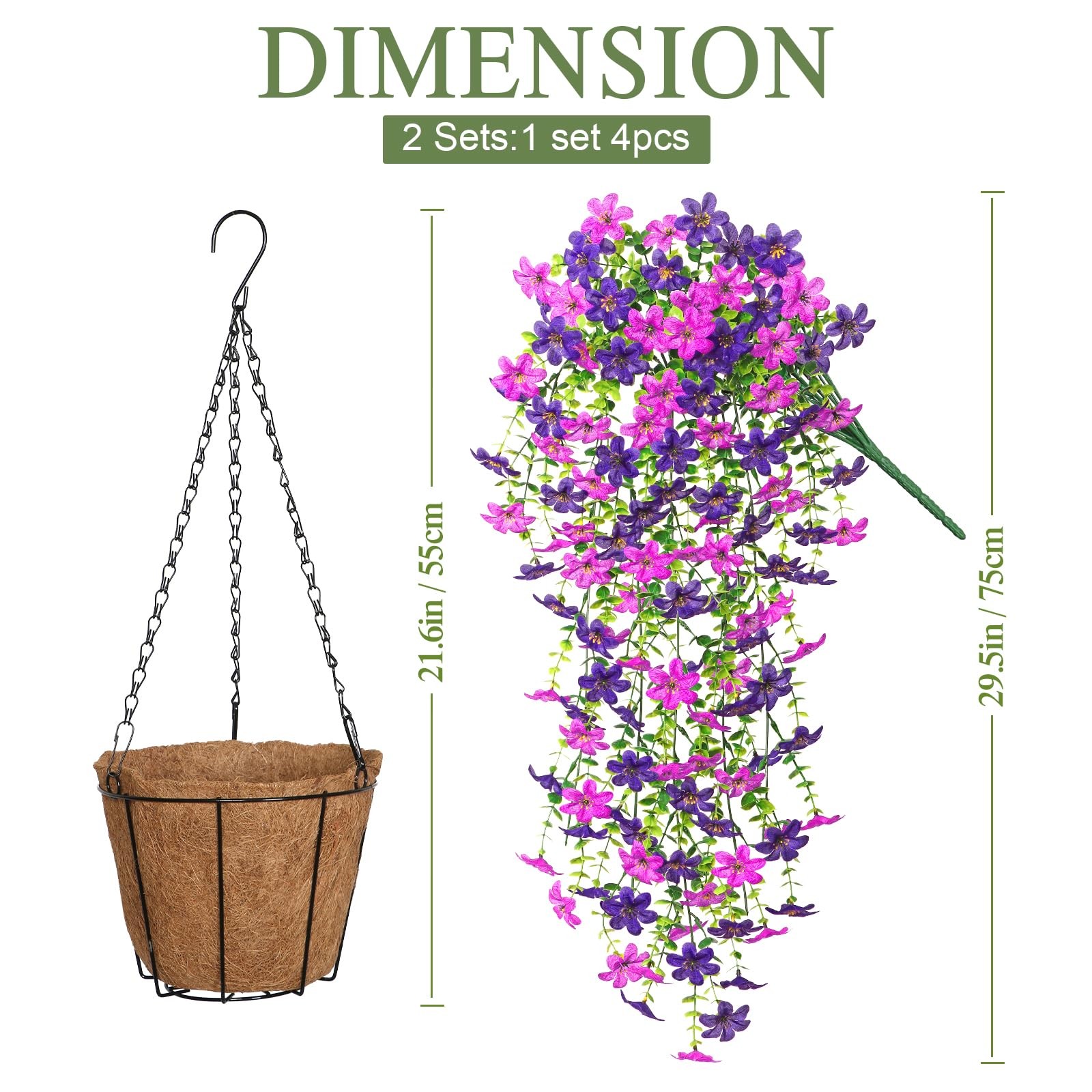 2 Set Artificial Hanging Flowers Plants Basket for Outdoors Faux Silk Purple …
