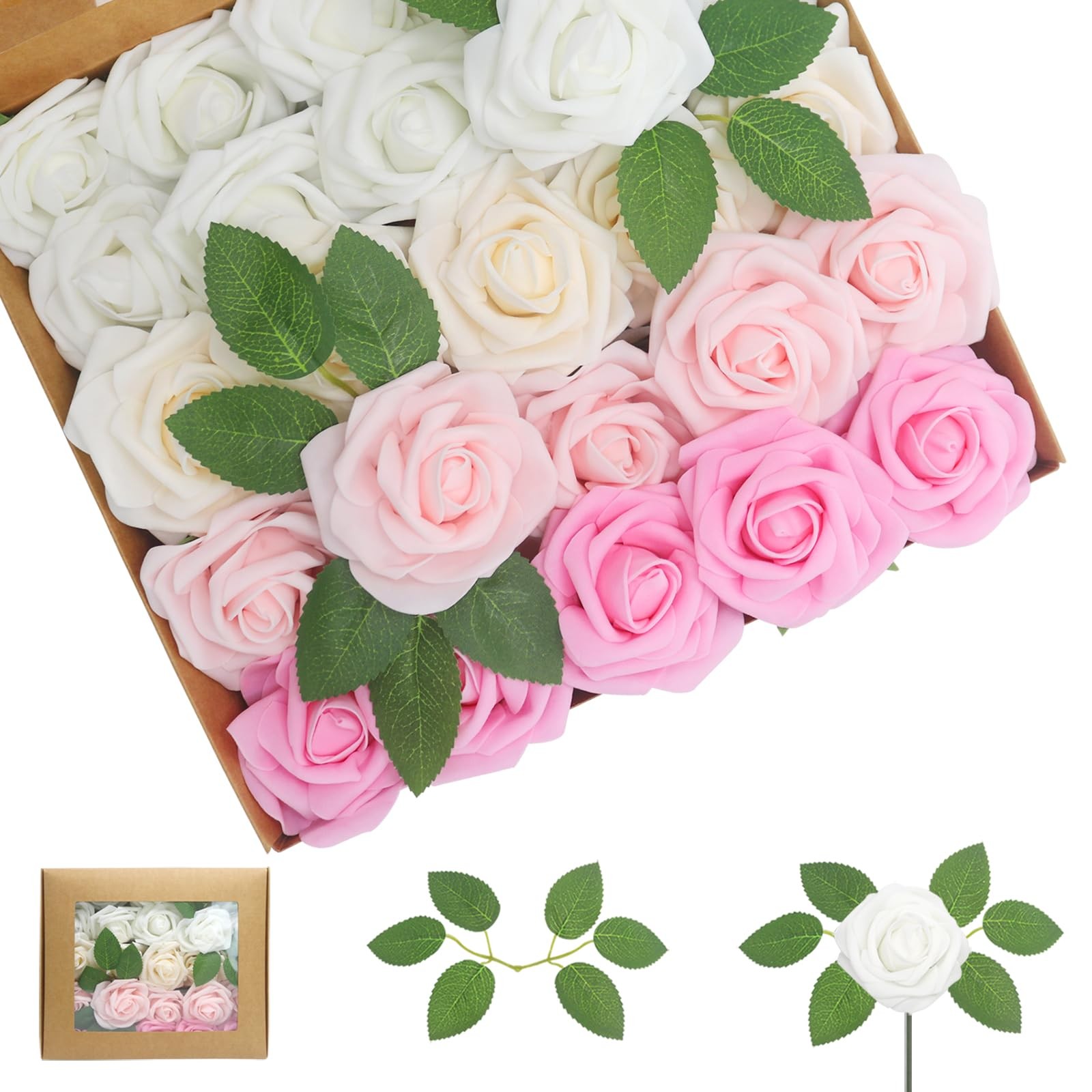 100 PCS Pink Artificial Flowers Roses Foam Fake Leaves Wedding Bridal Party