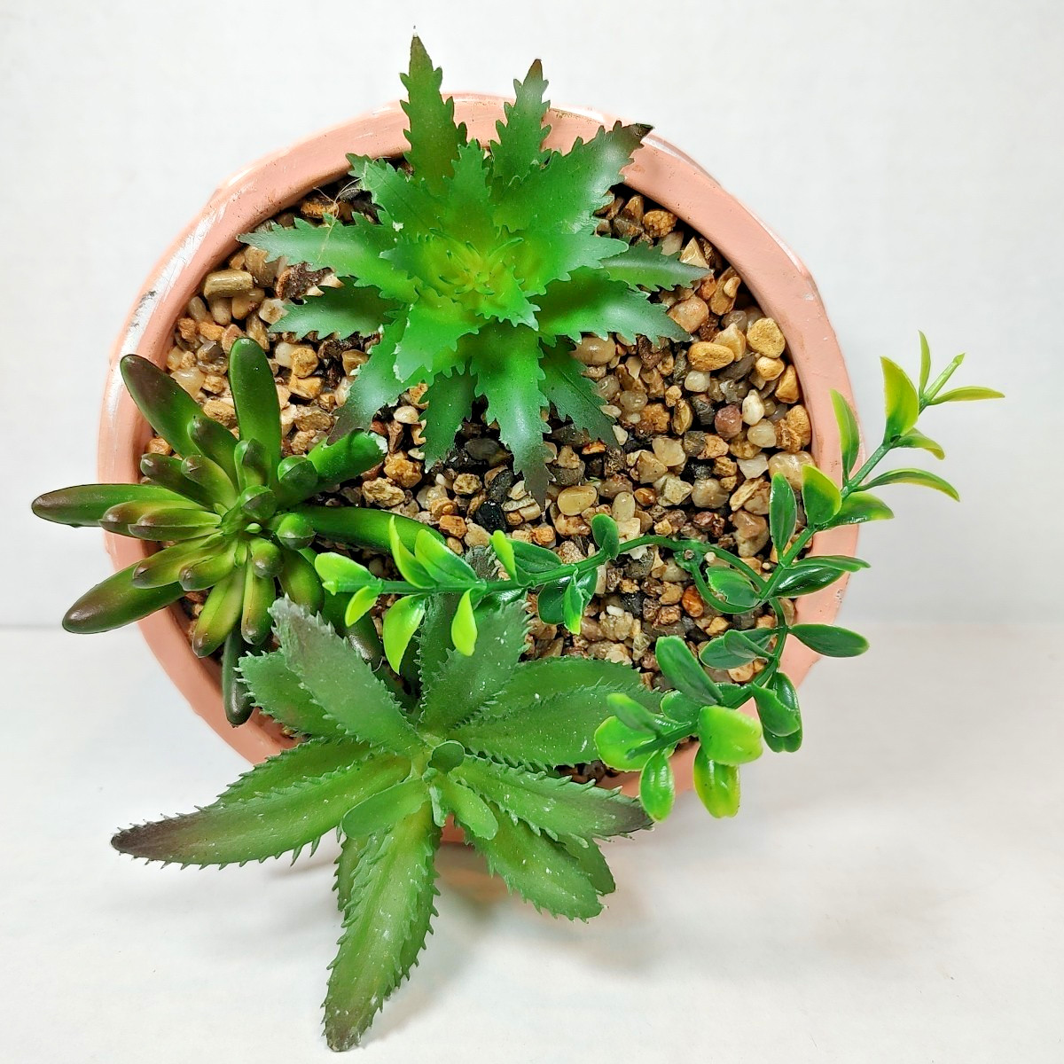 Modern Coastal Geometric Tribal Pattern Planter Pot w/ Faux Succulent Mix Peach