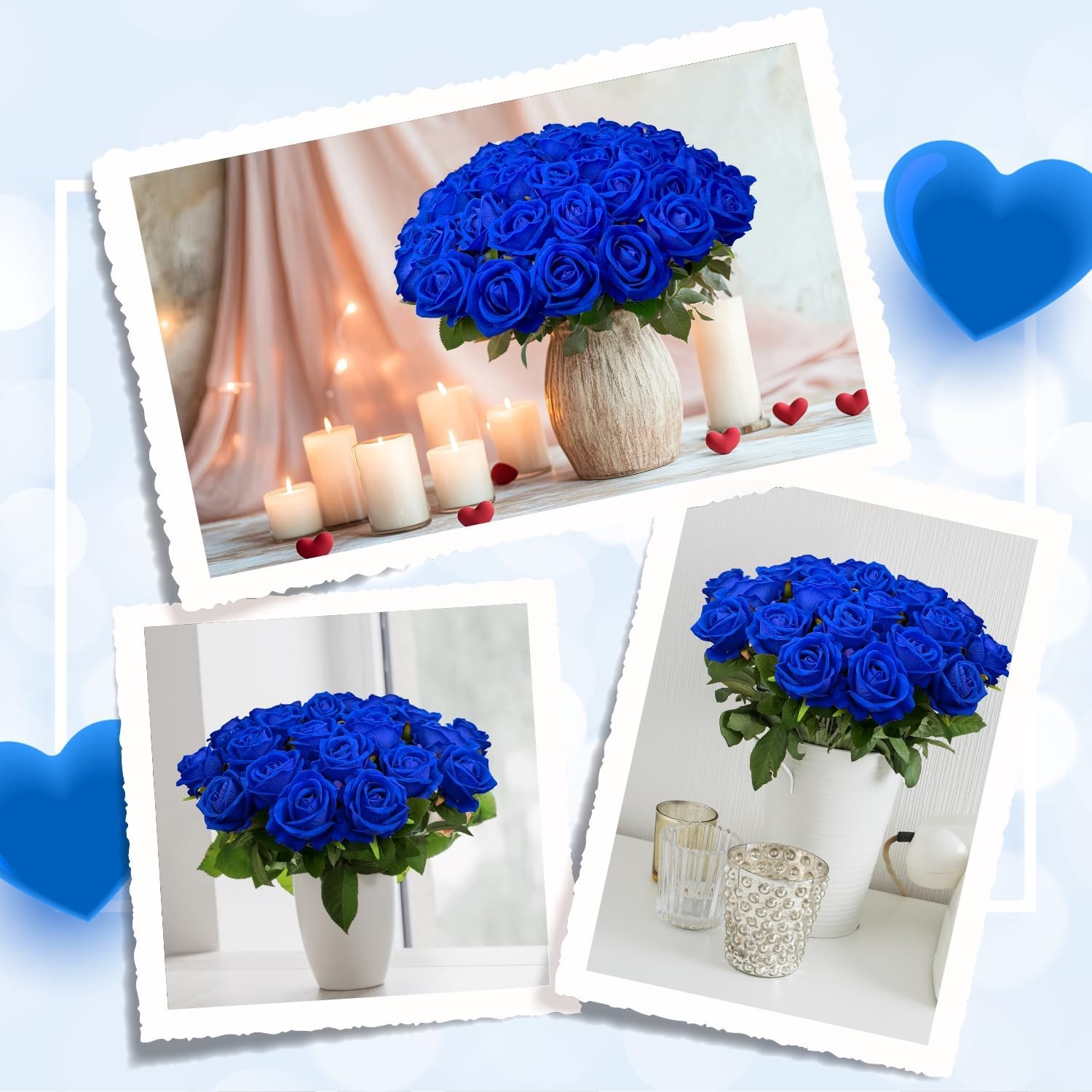 Wondrus 50 PCS Royal Blue Artificial Flowers Fake Velvet Blue Roses with Stems