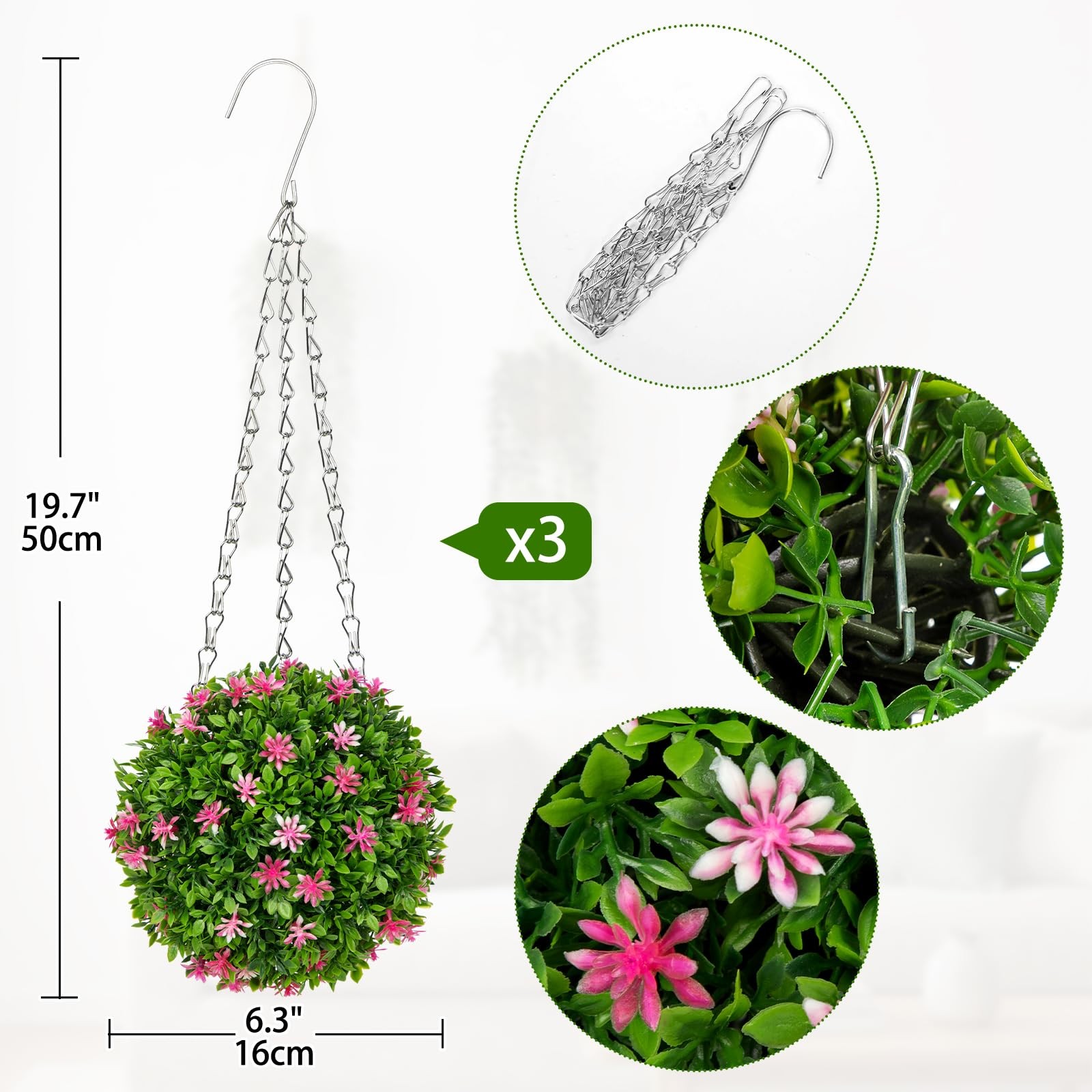 3 Pcs Artificial Hanging Topiary Flower Ball – 19.7″ Fake Hanging Topiary Bal…