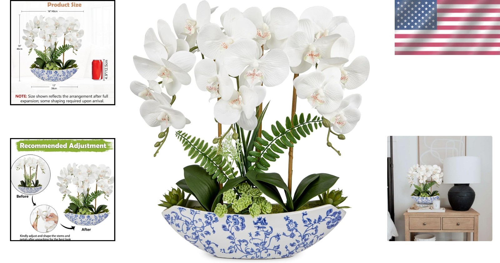 Lifelike 18in White Silk Orchid Centerpiece in Stylish Ceramic Vase for Any Room