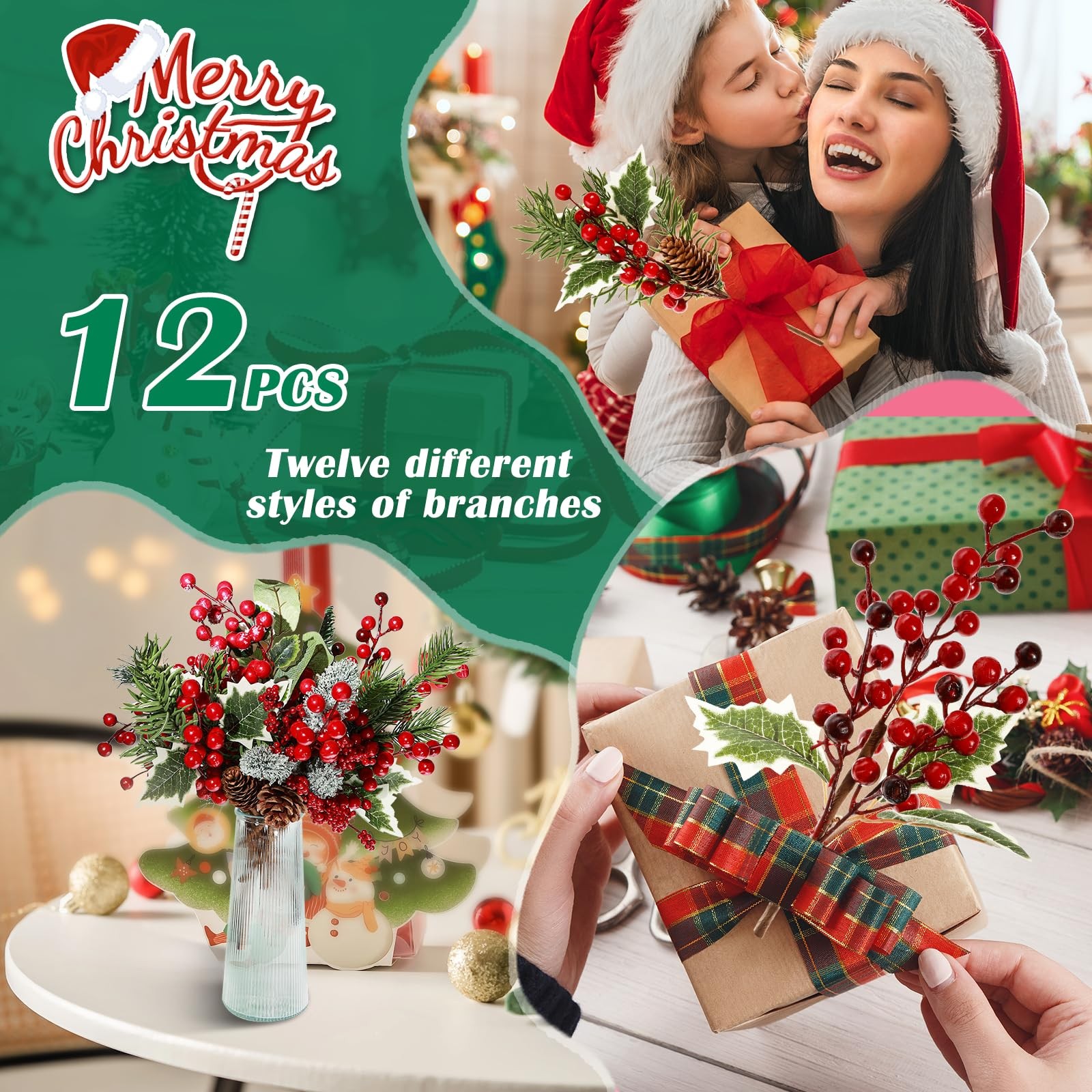 12 Pack Artificial Christmas Tree Picks Red Berry Sprays 12 Inch Floral DIY