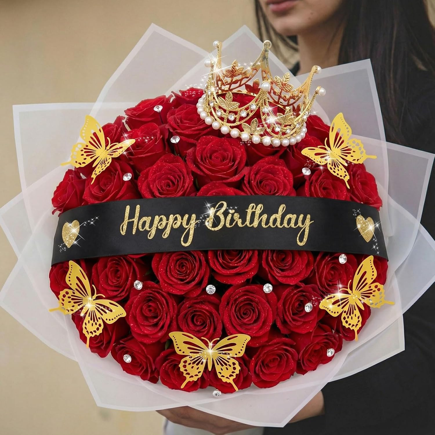 114 Pcs Flower Bouquet Accessories Includes 2 in X 5 Yard Glitter Happy Birthday