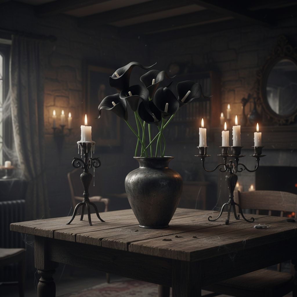 Black Calla Lily Faux Flowers Set of 5 Artificial Stems Gothic Modern Home Decor