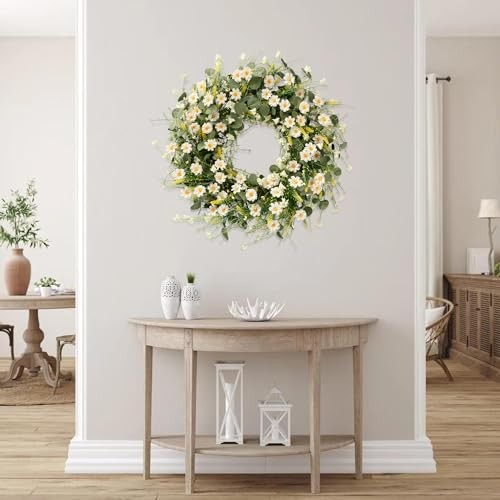 Daisy Wreath 24 Inch with Fake Silk Floral Green Eucalyptus Leaves and White