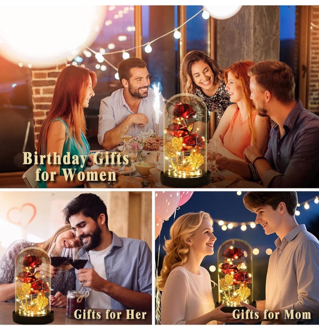 Dream Of Flowers Red Rose Gold Stem/Leaves in Glass Dome, 2 Lighting Modes. #dom