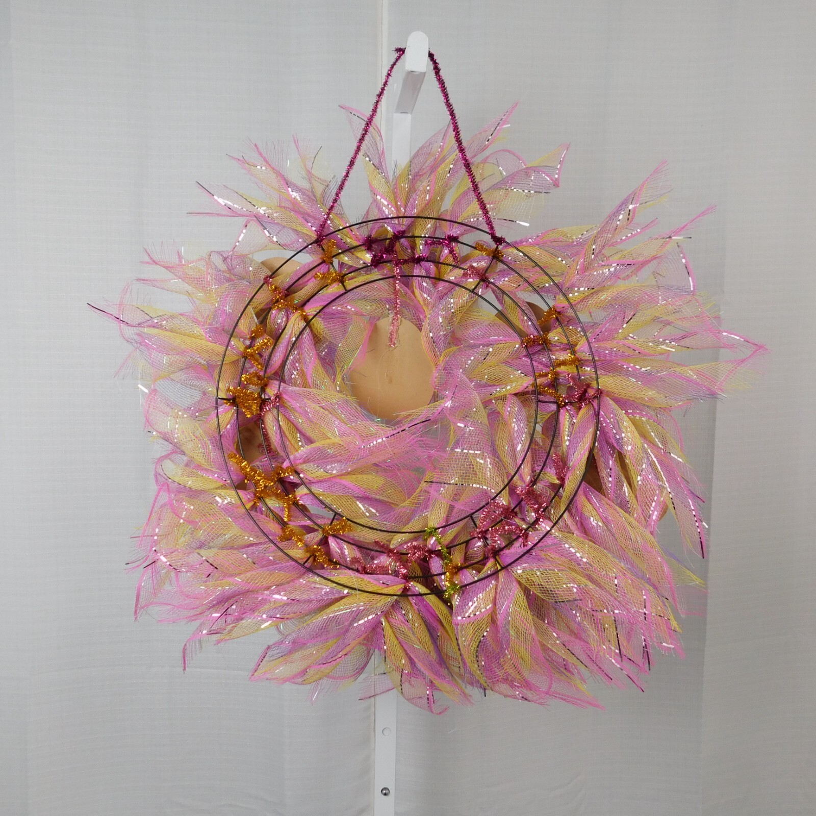 Handmade Mesh Wreath Easter Pastel Glitter Eggs Welcome Sign Metallic Pink #C317