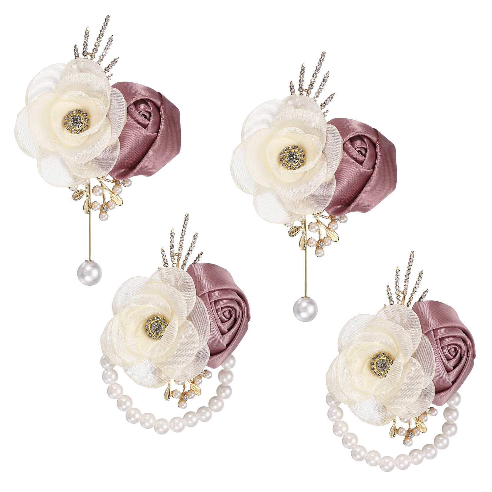 2 Sets Wrist Corsage and Boutonnieres Set for Wedding Groom Bride, Mauve