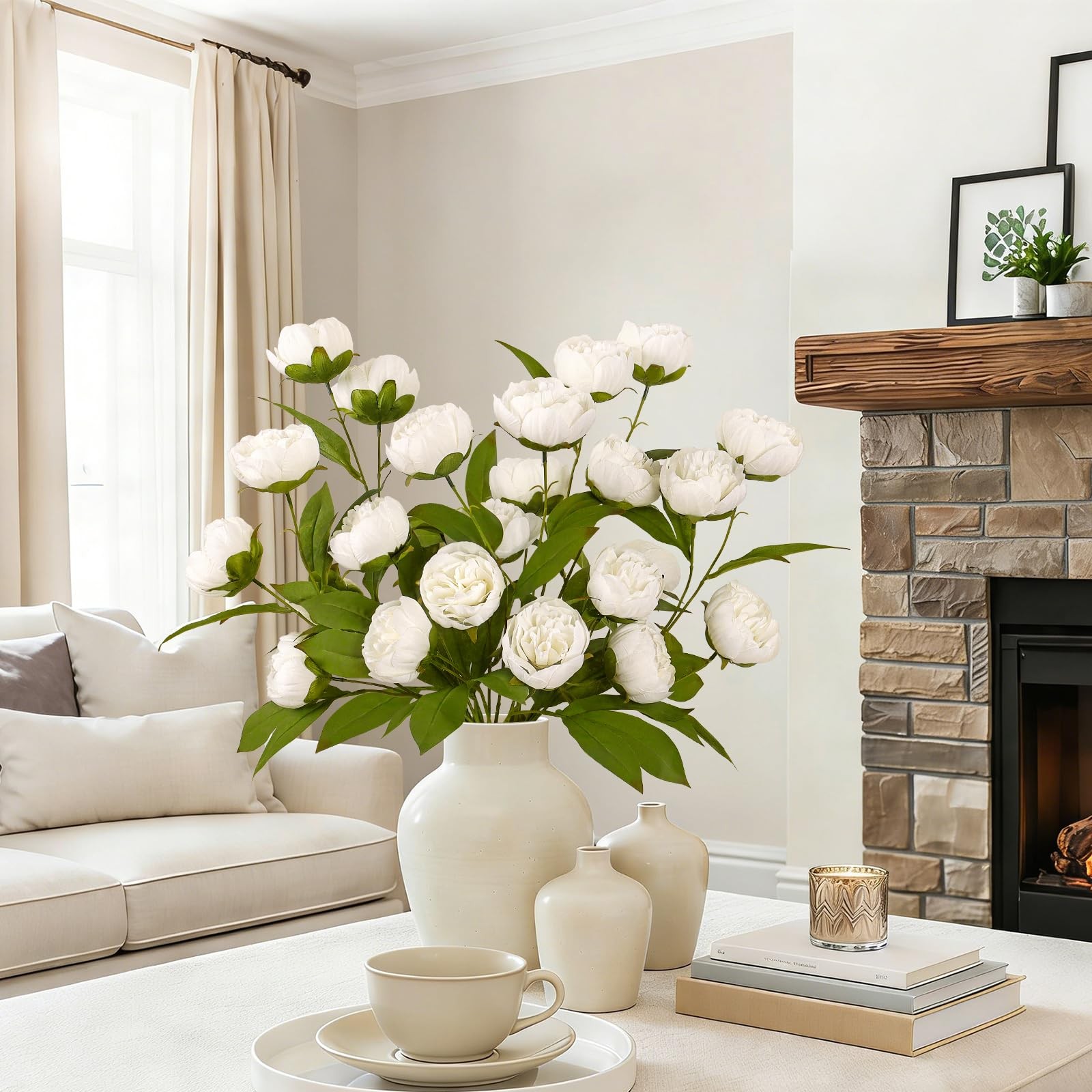3Pcs Faux Peonies Artificial Flowers 27″ White Peonies Faux Flowers for Vase …