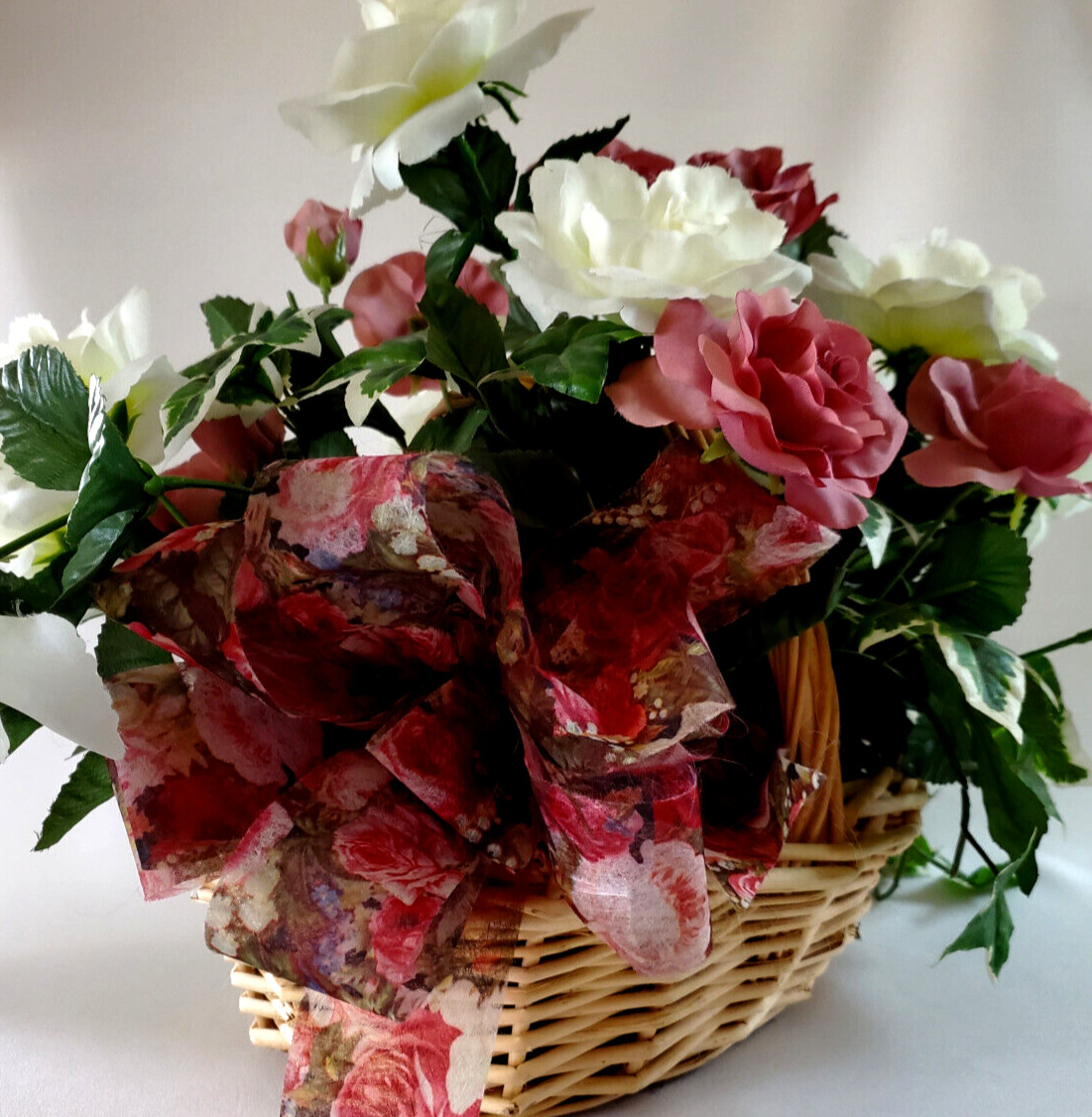 Fresh Spring Garden Pink & White Roses Silk Floral Arrangement in a Woven Basket