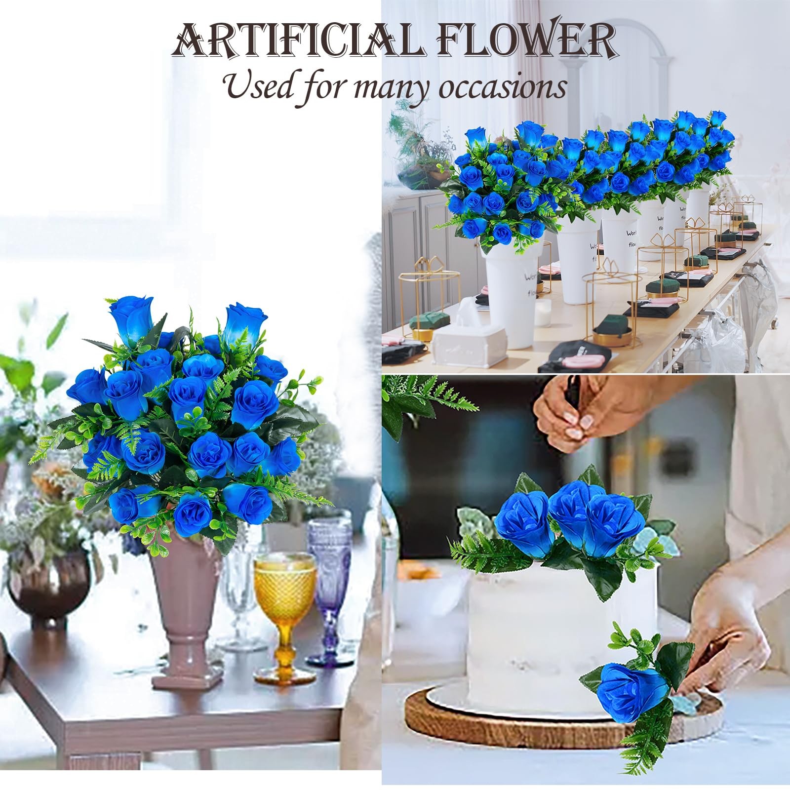 4 PCS Blue Artificial Rose Flowers Silk Fake Bouquet Wedding Party Centerpiece