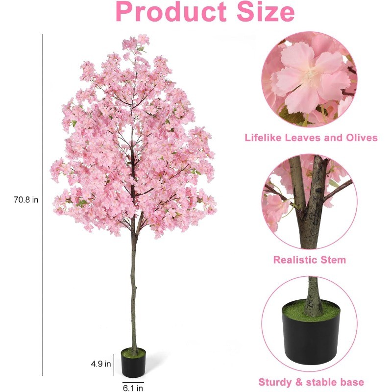 4/6FT Tall Cherry Blossom Artificial Tree, Fake Tree w/Plastic Nursery Pot, Pink