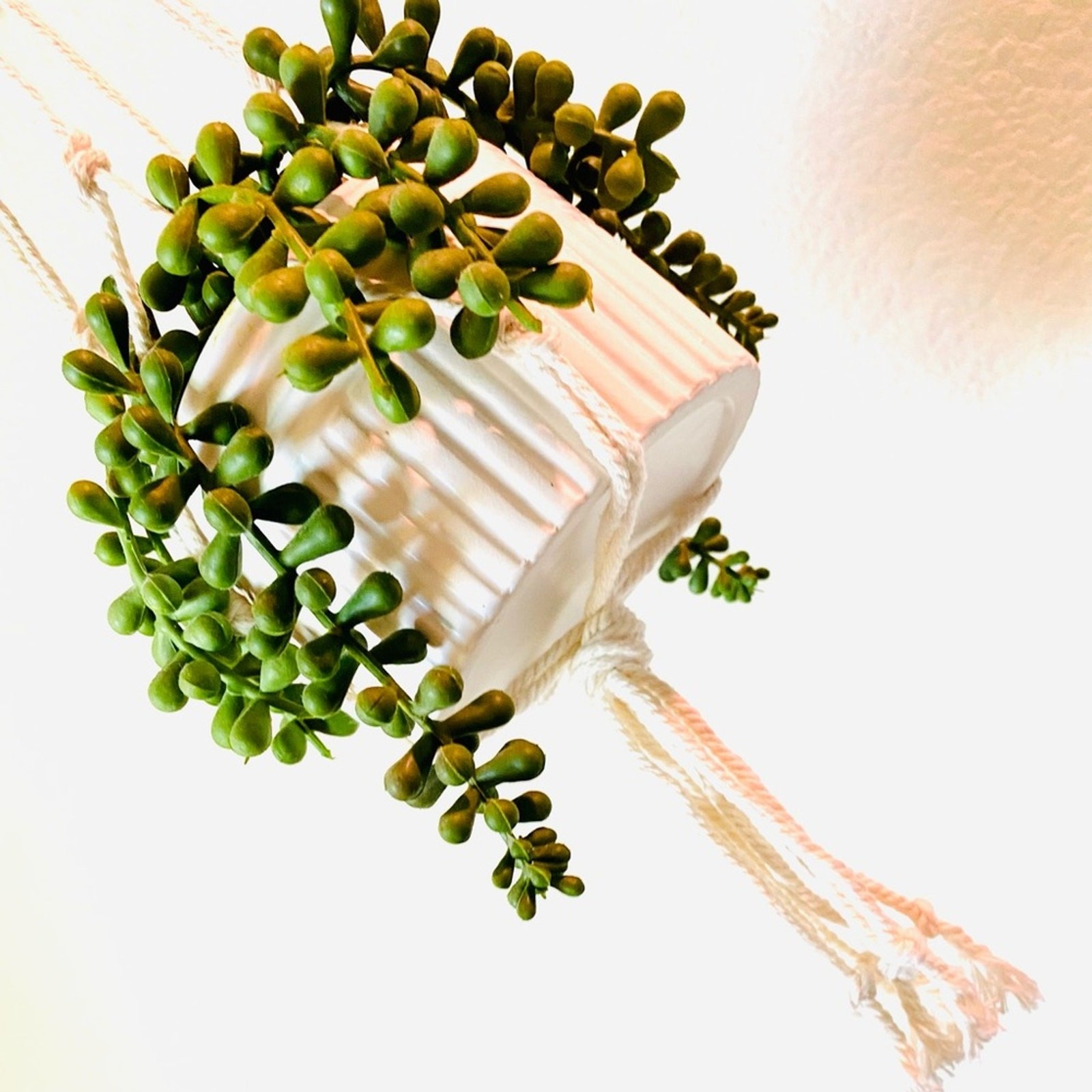 Macrame Faux Plant Planter White Ceramic Etched Pot Accent Decor String Pearls