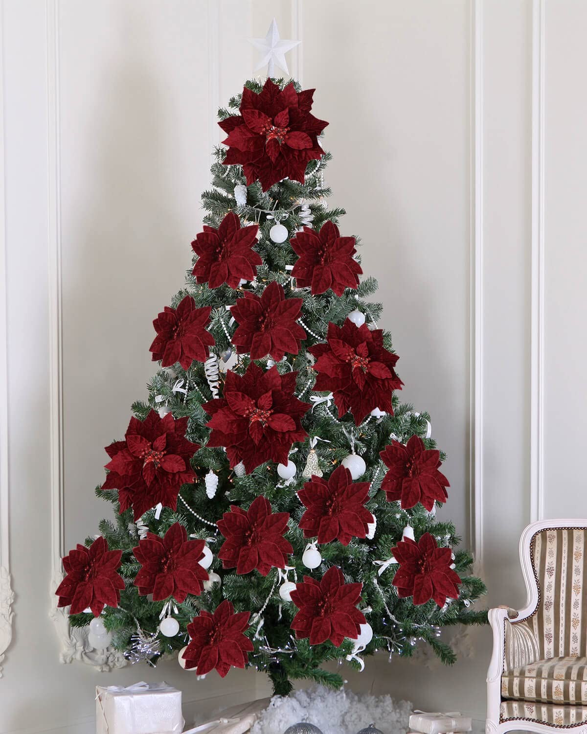 6 Pcs Red Christmas Poinsettia Flowers for Tree 10 Inch Deep Red Floral