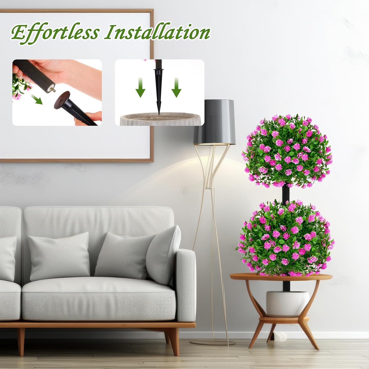 36″ Artificial Boxwood Double Ball Topiary Tree with Flowers – Rose Red