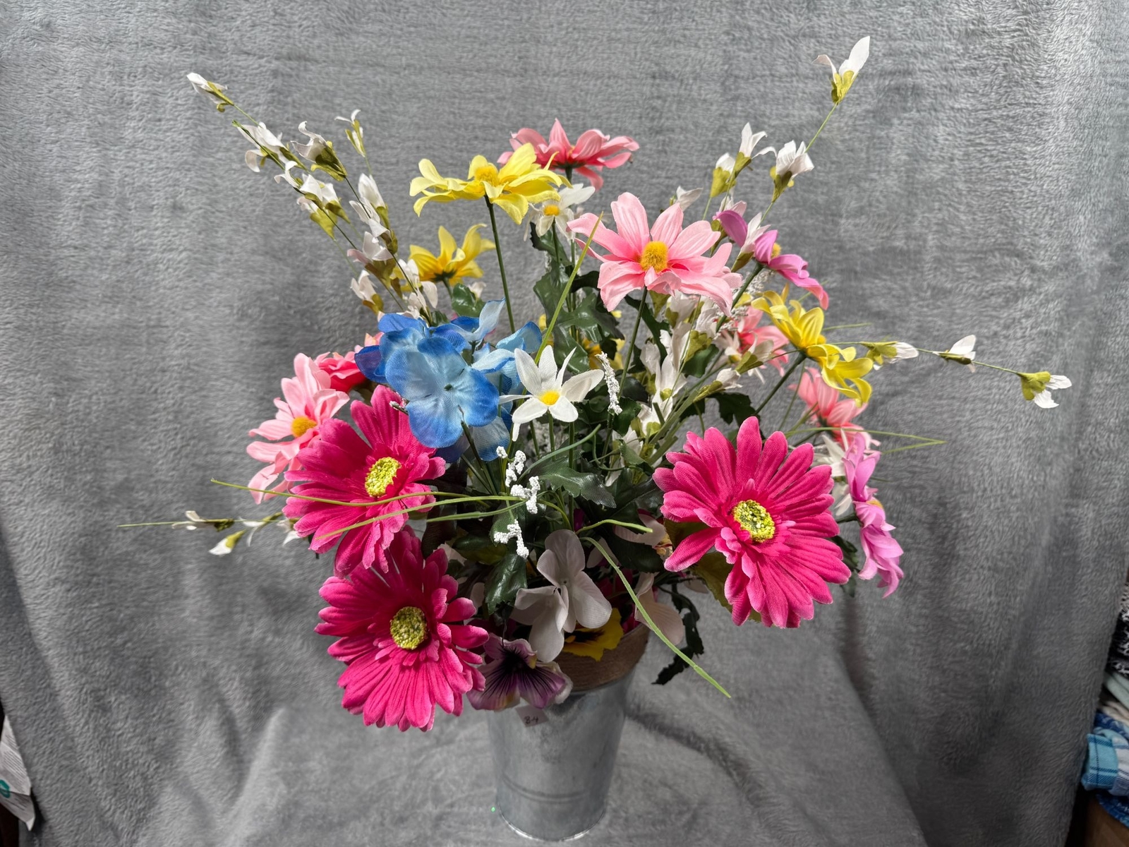 Artificial Flower Bouquet In Galvanized Metal Vase – Mixed Colors & Blooms