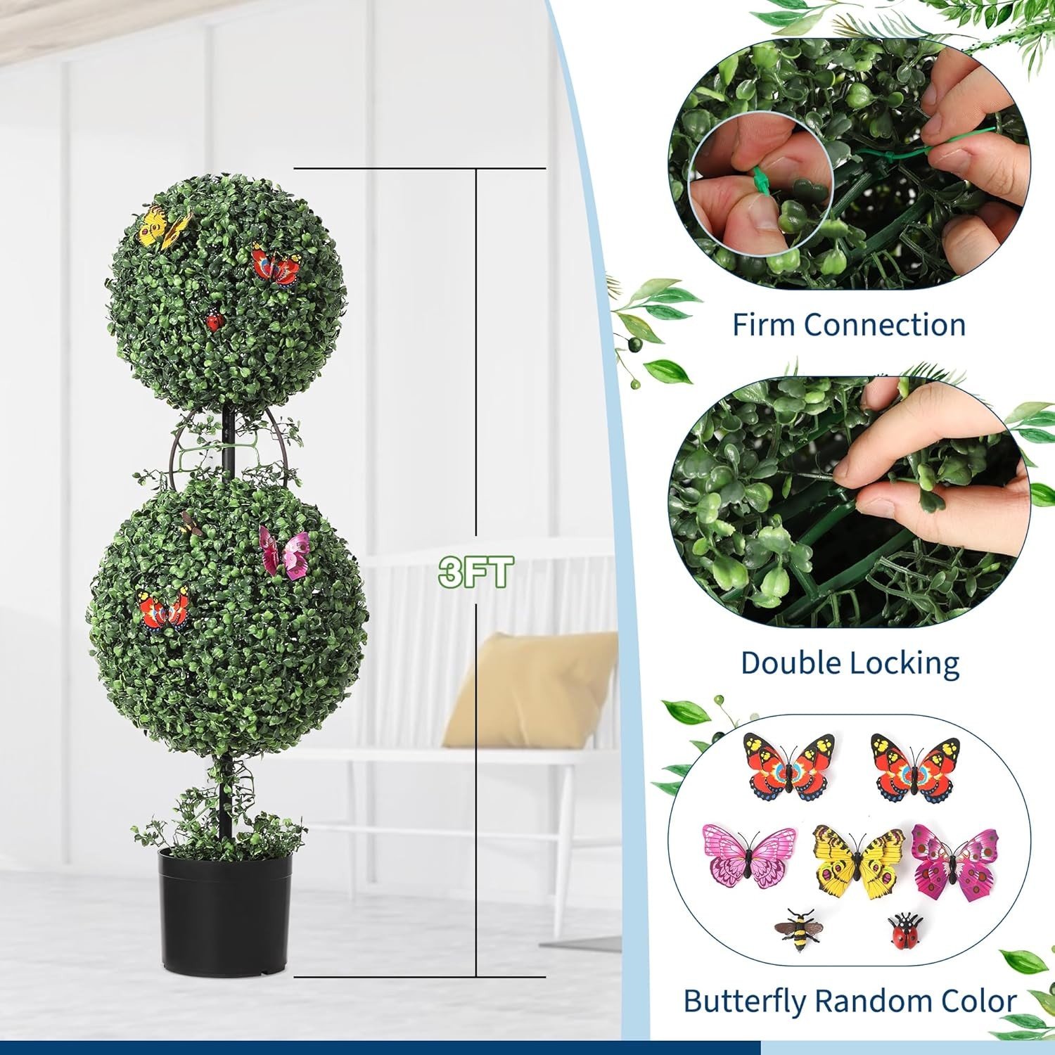 3FT Artificial Double Ball Topiary Trees 2 Pack W/ Pot & Moss for Outdoor Porch