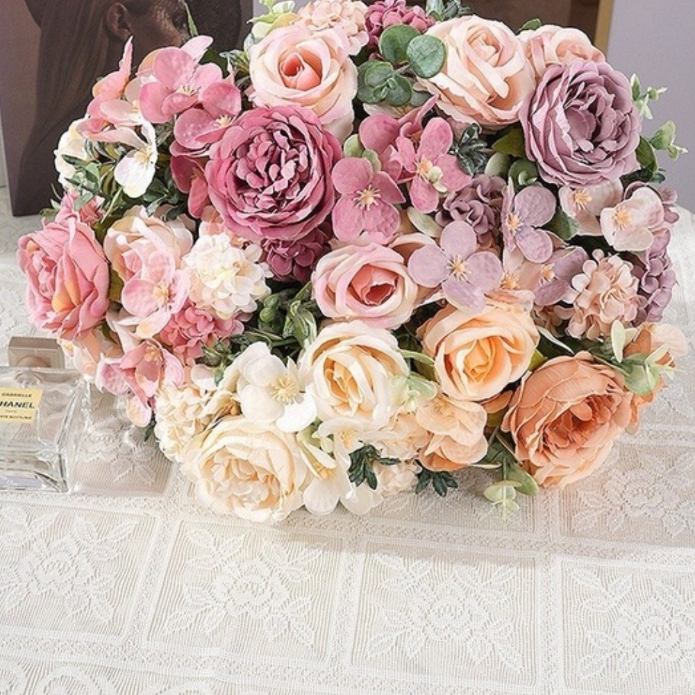 Artificial Silk Bouquet Roses Peonies Hydrangeas White Pink Mauve Purple
