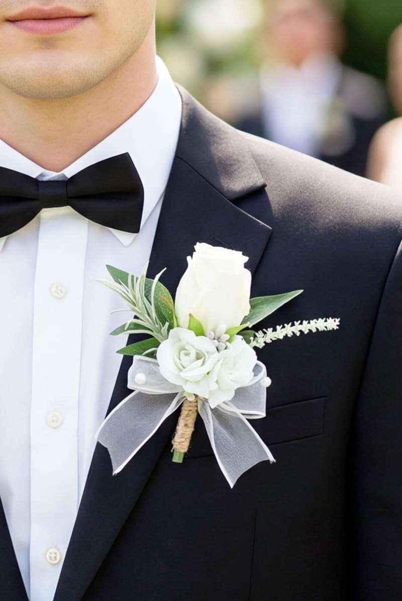 White Corsage And Boutonniere Set Wedding Prom Artificial Rose Flower 2 PC