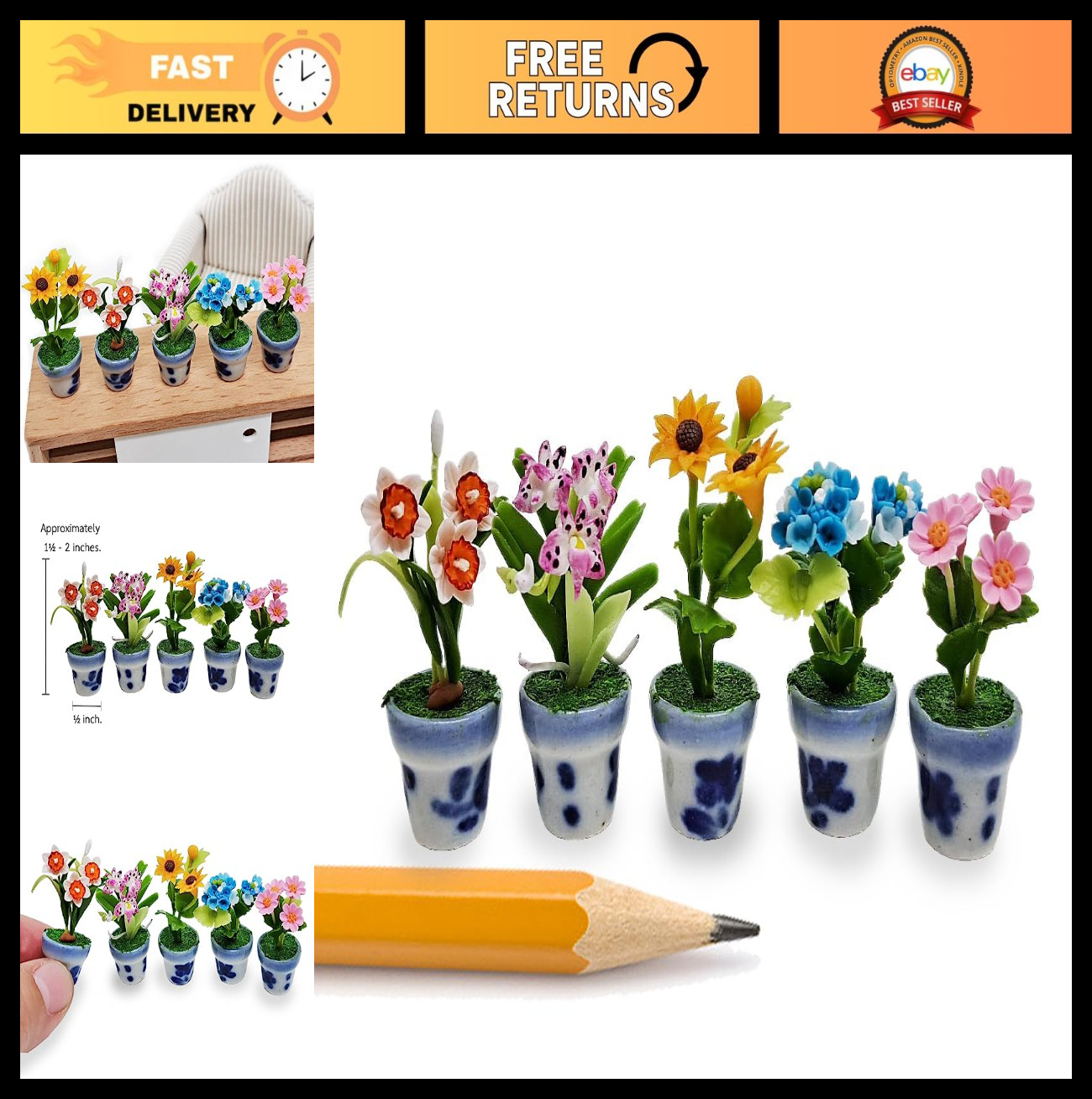 Miniature 1½” Artificial Flowers Set – Sunflower, Orchid, Hydrangea, Zinnia – Co