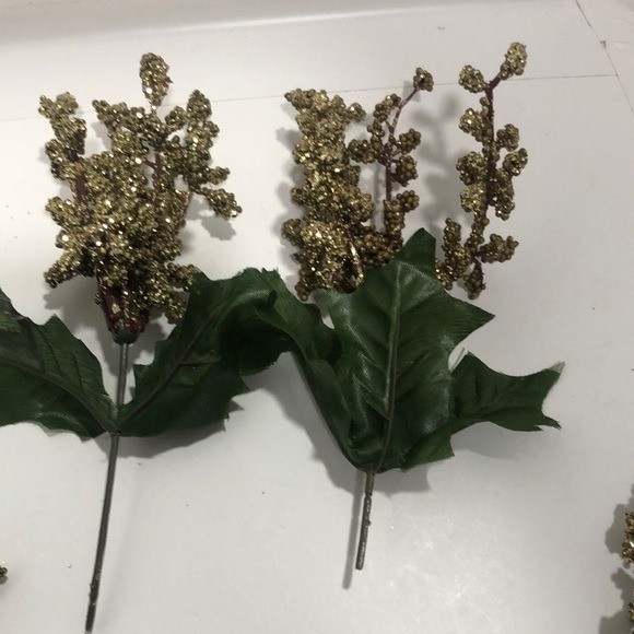 Artificial Gold and Green Decorative Berry Stems 7 total Christmas holiday ..
