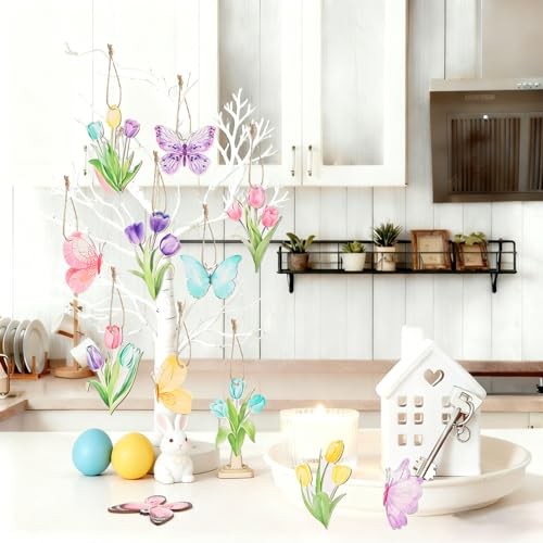 36pcs Spring Tulip Wooden Hanging Ornaments, Butterfly Flower Spring Tree