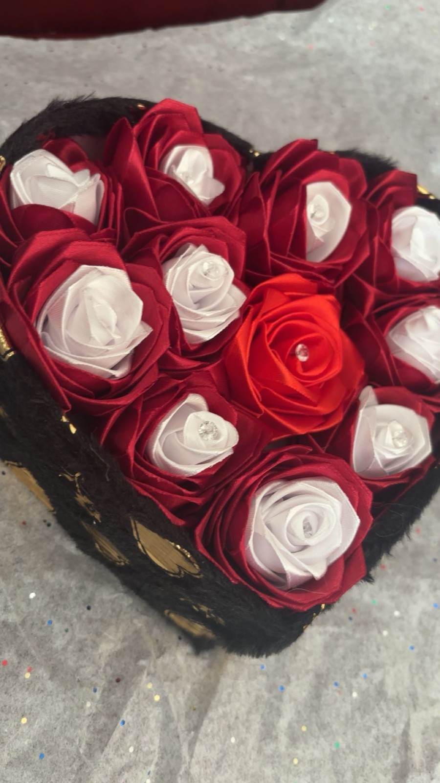 Red And White Eternal Roses In Heart Shape Box With A Gold Butterfly