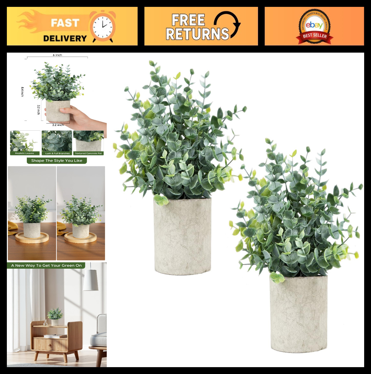 2 Pcs Eucalyptus Fake Plants – Small Artificial Indoor Potted Decor for Home, Sh