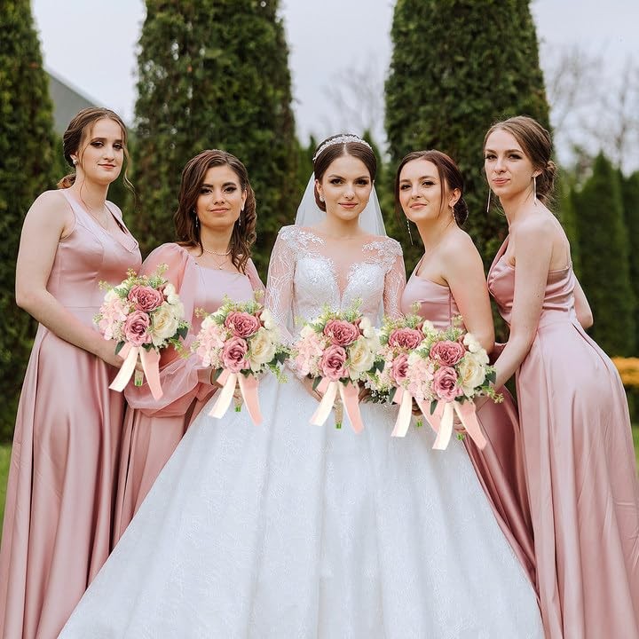 2 PCS Wedding Bridesmaid Bouquets 7 Inch Artificial Flowers Pink White Decor